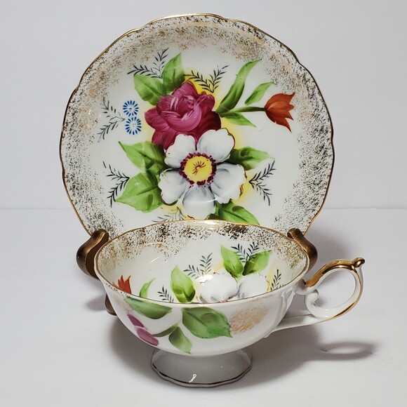 Floral Teacup and Saucer Japan Hand Painted Pink White Flowers - Picture 9 of 9